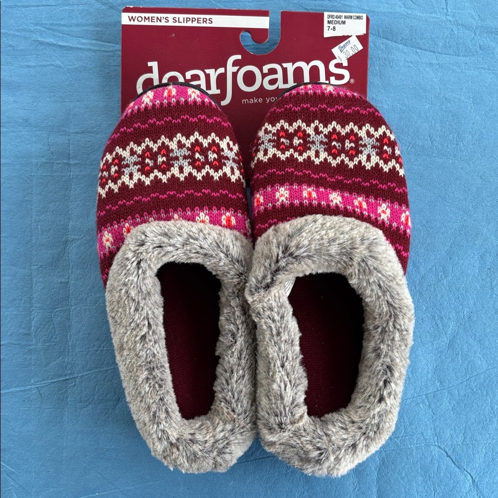 Dearfoams Nordic Pattern Slippers in Red and Pink